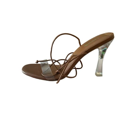 Larroude Gloria Heels Sandals Leather Vinyl Tie Ankle Straps Caramel Size 7.5 - Picture 8 of 9